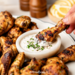 Close-up of a Cajun-spiced grilled chicken wing dipped into creamy homemade jalapeño ranch dressing.