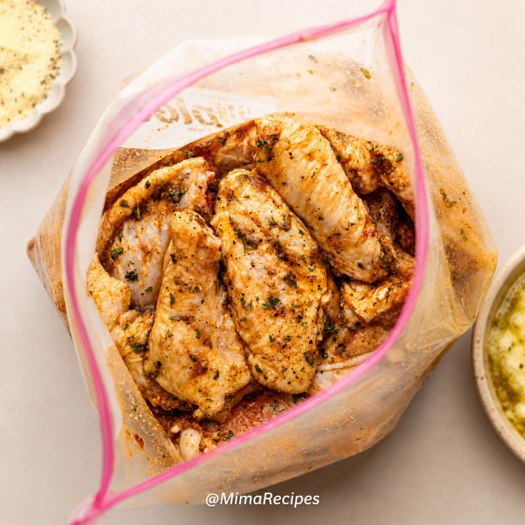 Chicken wings marinating in a zip-top bag with homemade Cajun seasoning, garlic, herbs, and spices before grilling.