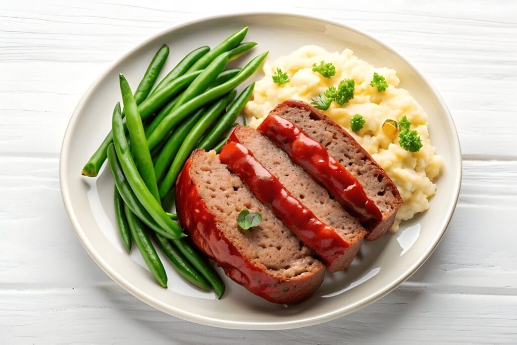 A homemade Onion Soup Meatloaf sliced to reveal its moist, flavorful interior, garnished with fresh parsley and served