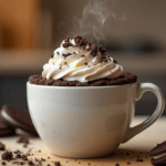 Freshly made Oreo mug cake with whipped cream topping.