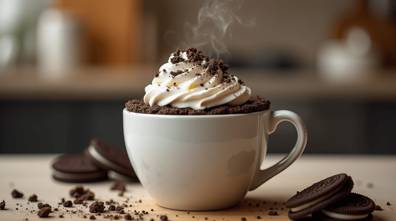 Freshly made Oreo mug cake with whipped cream topping.