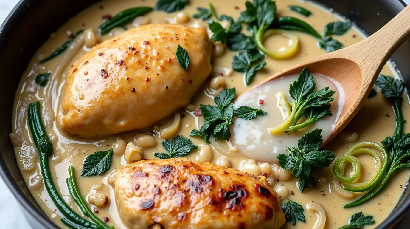 A plate of Creamy Spinach Chicken garnished with parmesan and herbs.