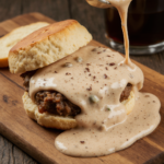 Southern hamburger gravy on fresh biscuits