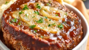 Close-up of a French Onion Soup Meatloaf topped with caramelized onions, a rich glaze, and fresh parsley, served in a white ramekin. The meatloaf has a juicy, golden-brown crust with a glossy finish, making it a comforting and flavorful dish.