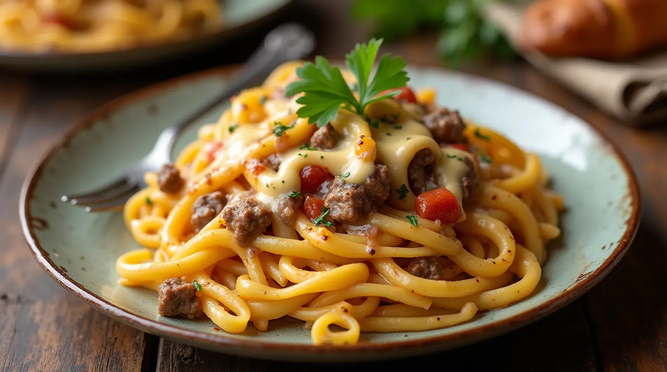 A creamy plate of Philly Cheesesteak Pasta with garnishes.