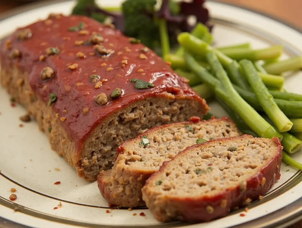 A juicy meatloaf topped with tomato glaze, served with green beans and broccoli on a plate.