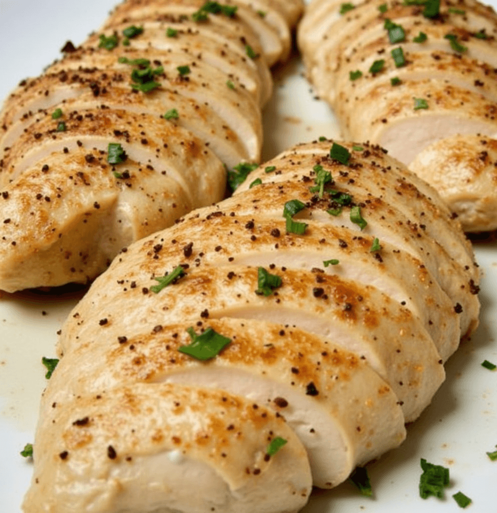 Juicy, thin-sliced baked chicken breasts garnished with fresh green herbs and black pepper on a white plate.