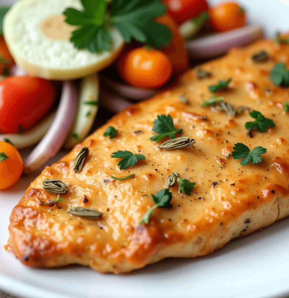 Sliced baked chicken breasts seasoned with black pepper and garnished with fresh chopped herbs, arranged on a white platte