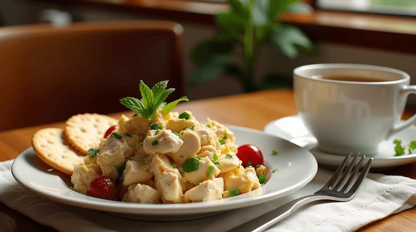 Plate of chicken salad with crackers and fruit on a table.