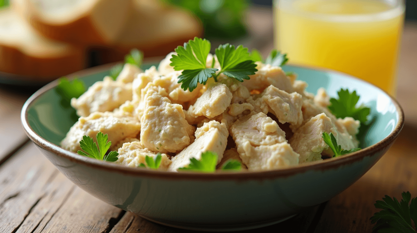A bowl of creamy chicken salad with bread and a drink.