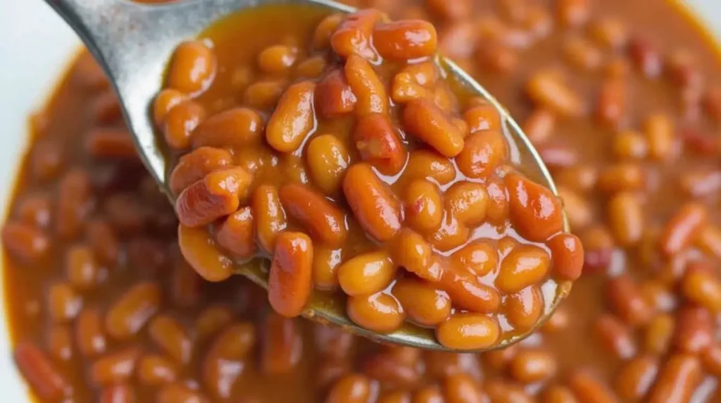 Close-up of baked beans in a rich, glossy sauce, served in a white ceramic bowl