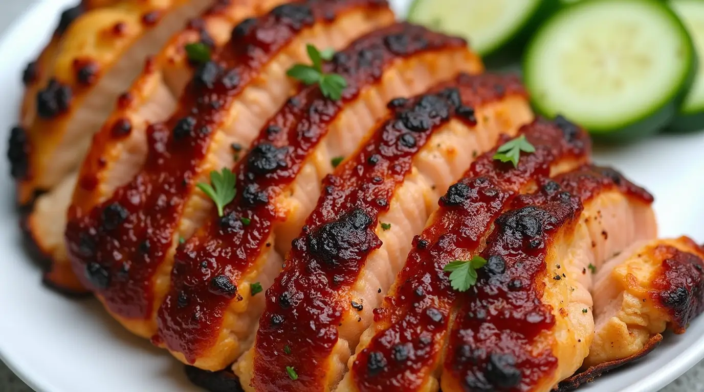 Thinly sliced chicken breasts baked to golden perfection, garnished with fresh parsley and served on a wooden cutting board.