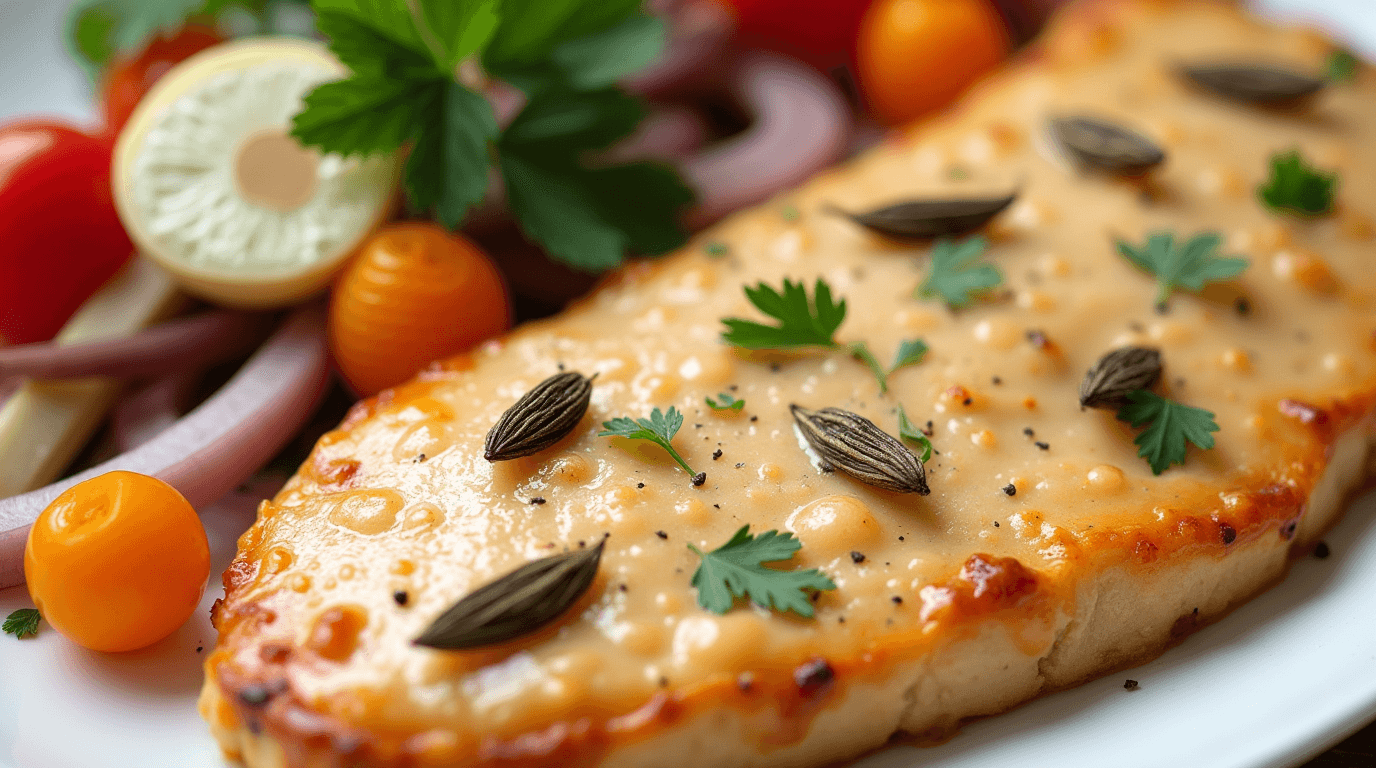 Sliced baked chicken breasts seasoned with black pepper and garnished with fresh chopped herbs, arranged on a white platte