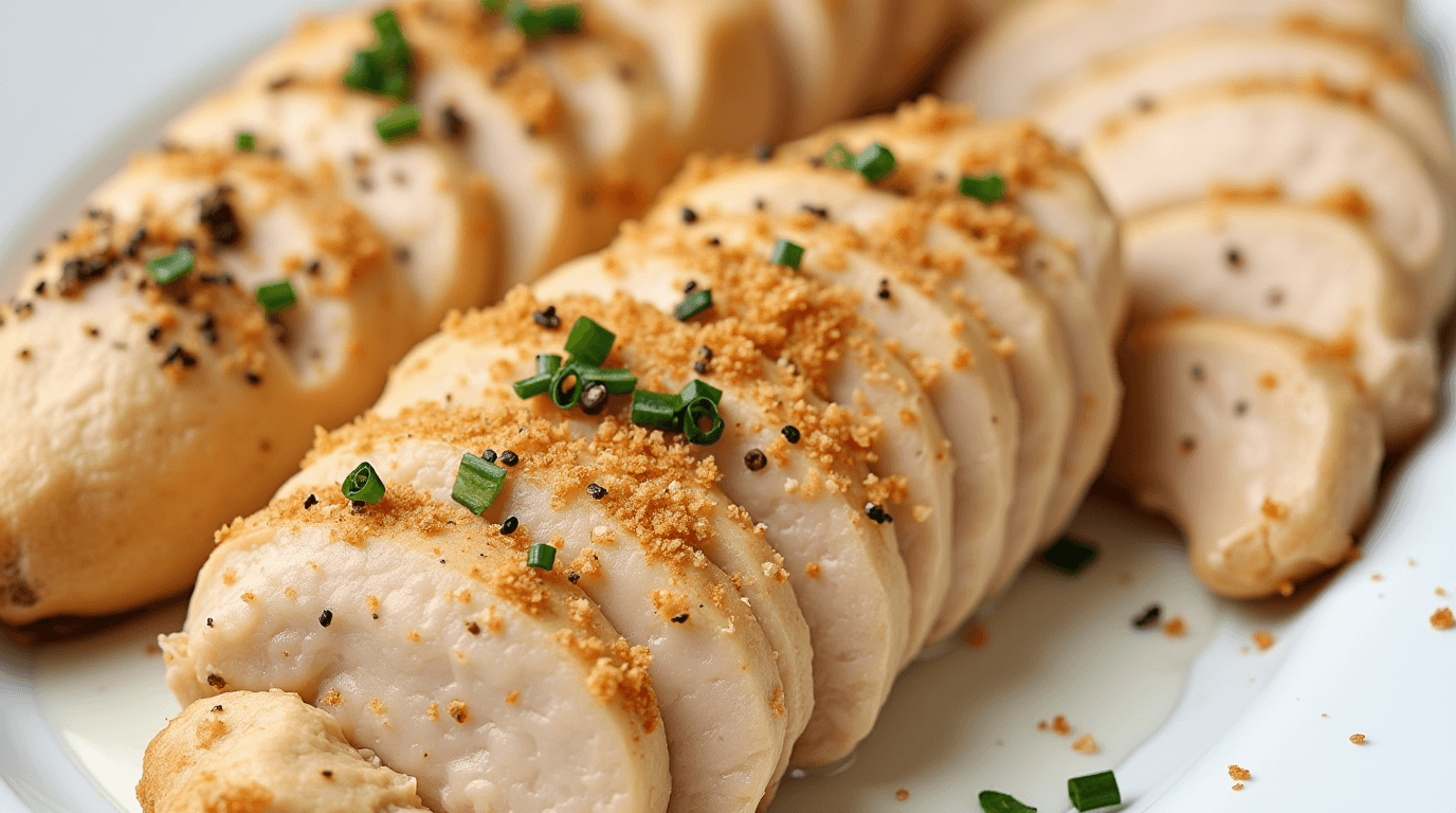 Juicy, thin-sliced baked chicken breasts garnished with fresh green herbs and black pepper on a white plate.