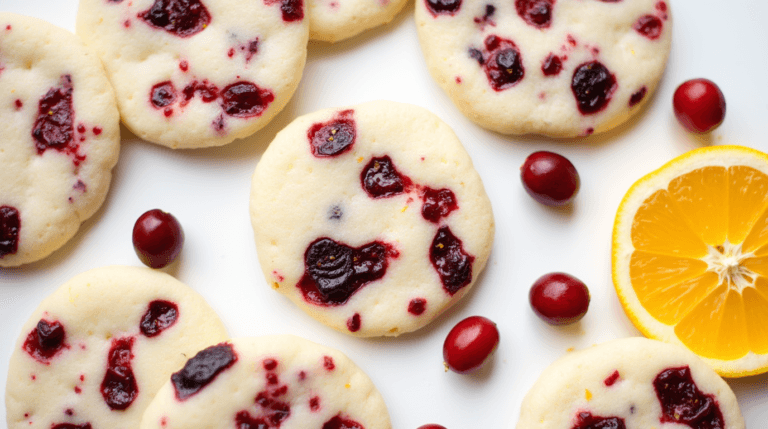 Festive Cranberry Orange Shortbread Cookies with citrus zest and dried cranberries.