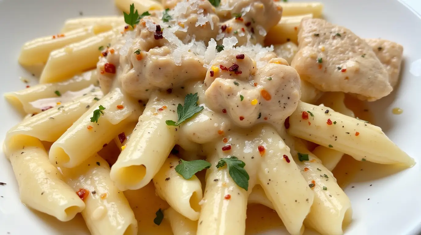A bowl of creamy garlic parmesan chicken pasta garnished with parsley and red pepper flakes.