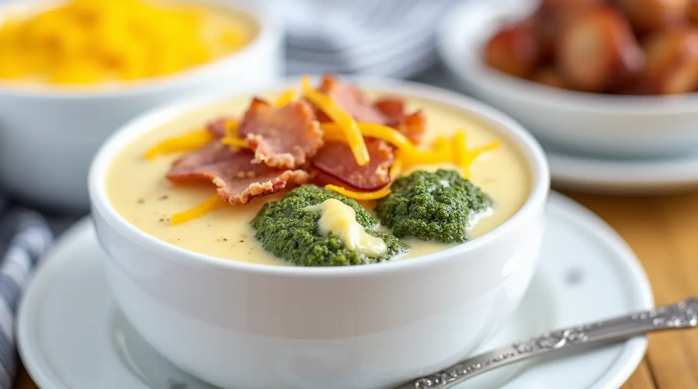 A bowl of creamy broccoli cauliflower soup garnished with parsley on a wooden table.