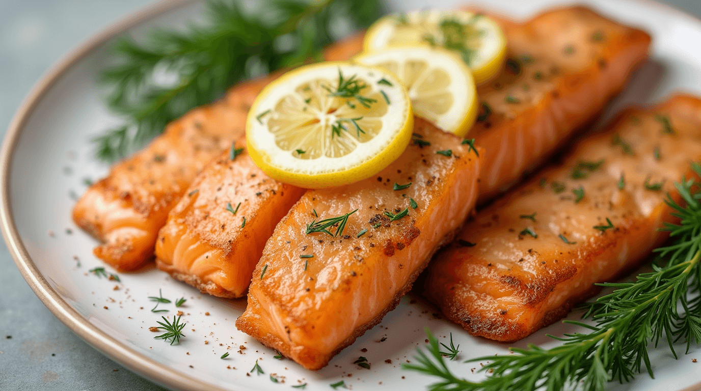 Golden air-fried salmon fillets with dill and lemon slices on a plate