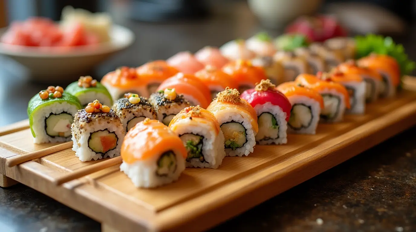 Assorted sushi rolls on a wooden platter with chopsticks