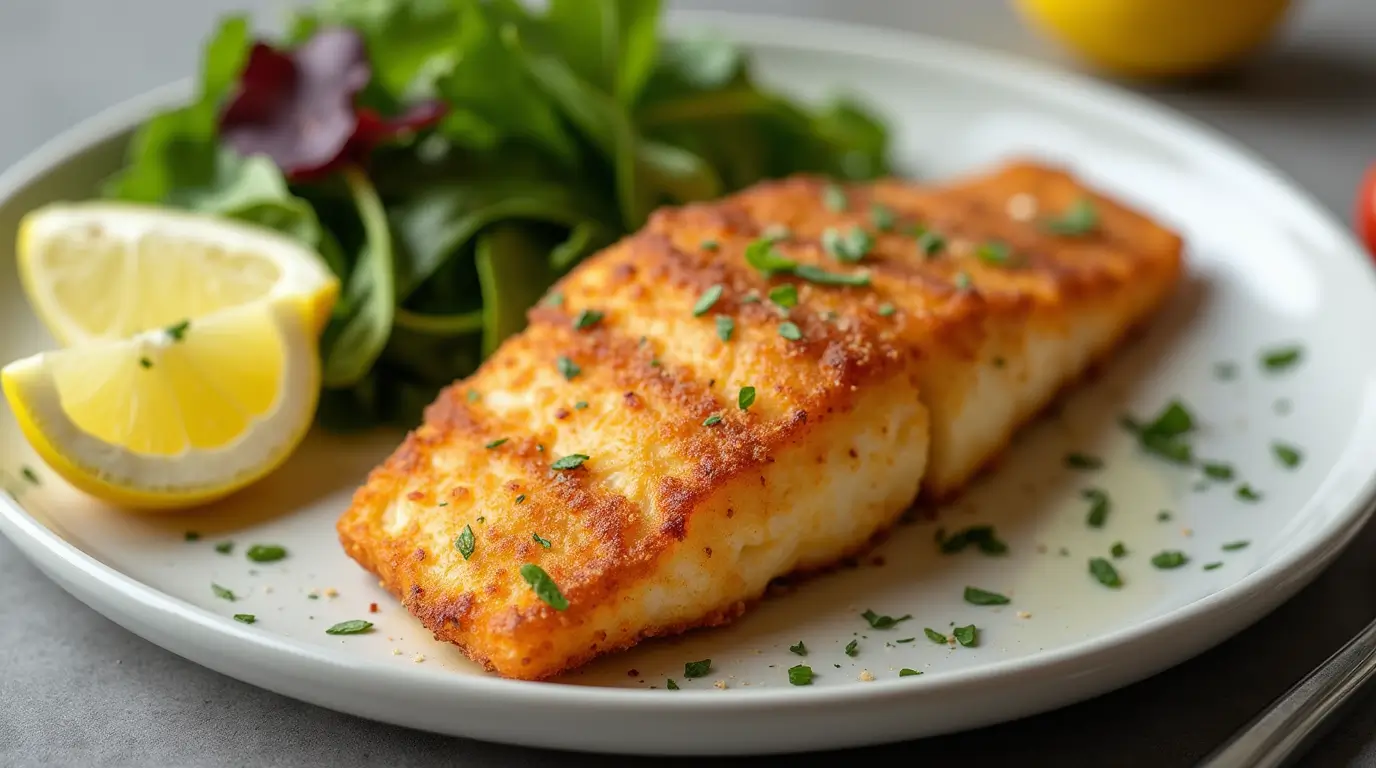Crispy air-fried fish fillet served with fresh greens and lemon wedges