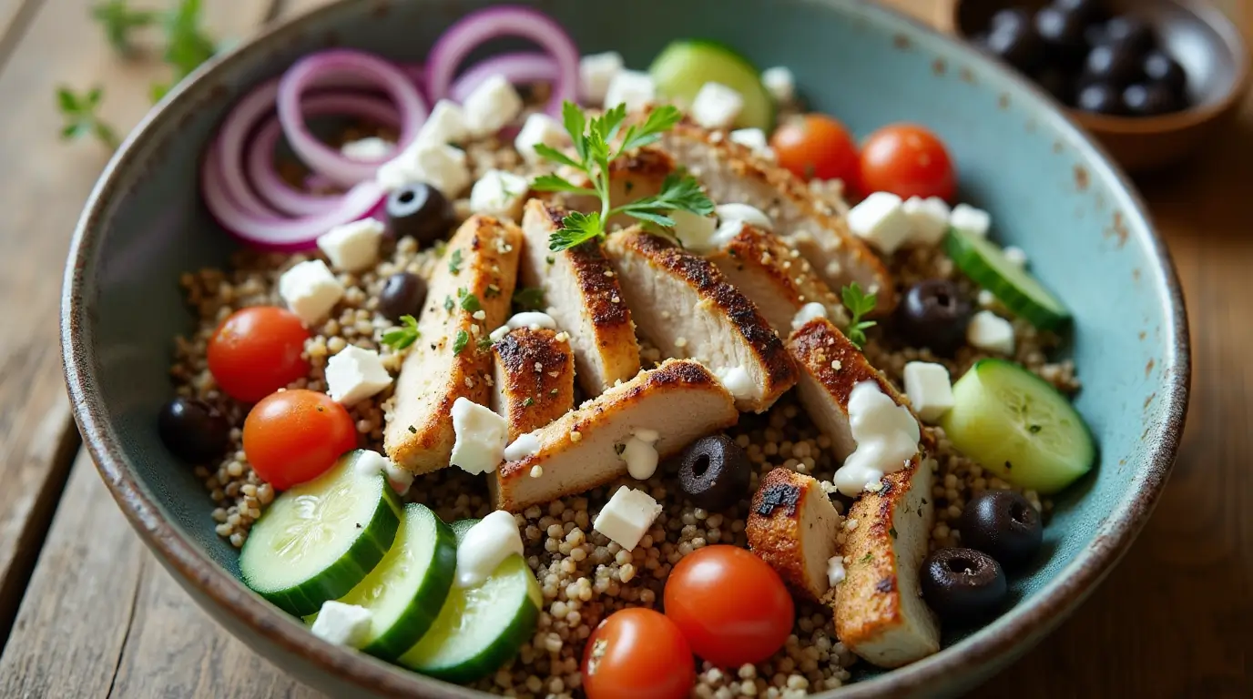 Greek Chicken Quinoa Bowl with grilled chicken, quinoa, fresh vegetables, and tzatziki sauce.