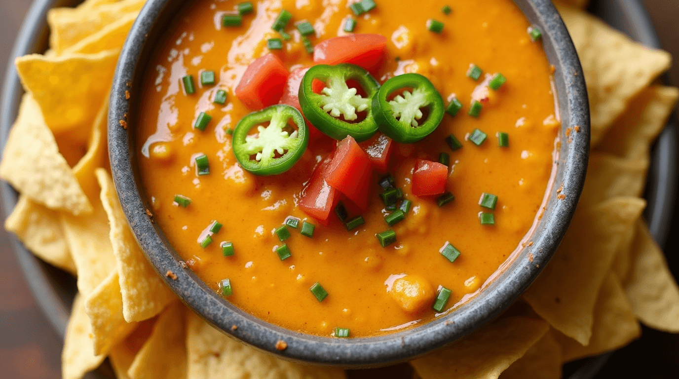 Classic Chile Con Queso with tortilla chips and fresh garnishes.