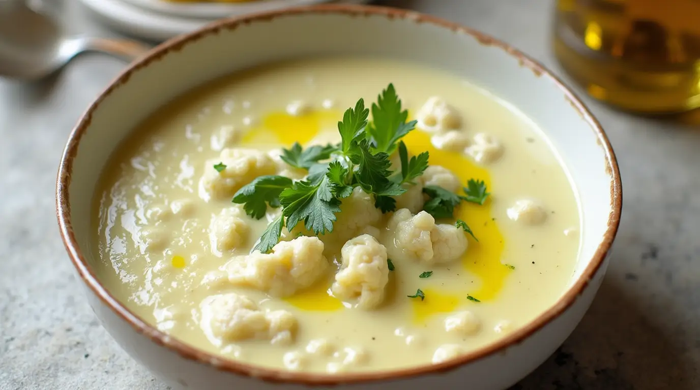 "Creamy cauliflower soup in a bowl, garnished with fresh herbs and olive oil."