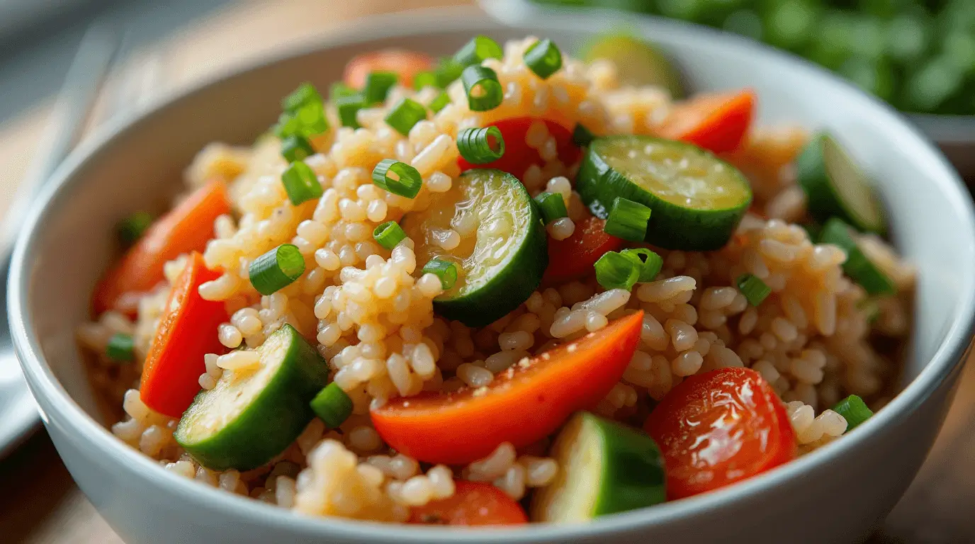 Bowl of vegetarian fried rice with fresh vegetables and soy sauce.