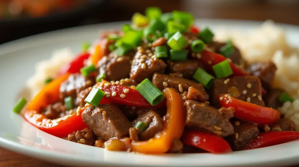 Crockpot pepper steak served on a plate with steamed rice, featuring beef strips, bell peppers, onions, and green onions.