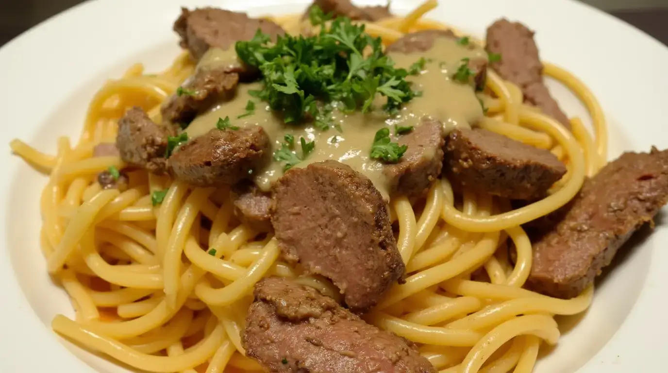 Cajun Steak Pasta with creamy sauce and tender steak slices