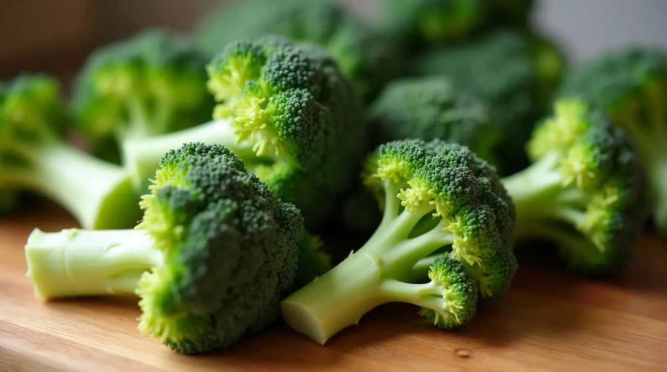 Fresh broccoli florets on a cutting board, showing their natural green color.