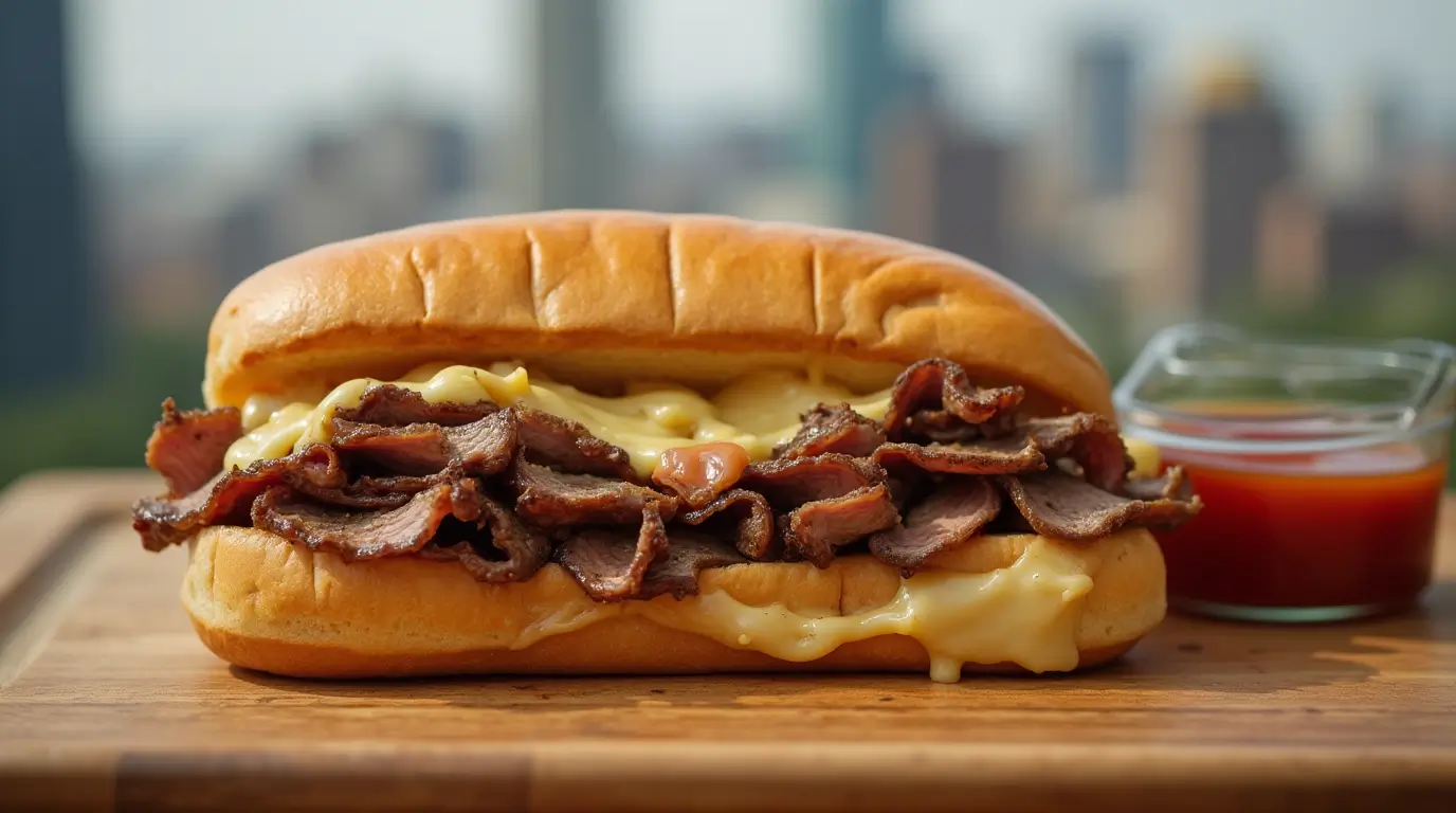 Classic Philly cheesesteak sandwich with steak, melted cheese, and fresh bread.