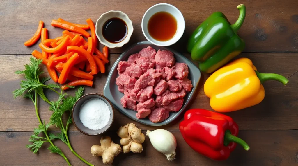 Crockpot pepper steak served on a plate with steamed rice, featuring beef strips, bell peppers, onions, and green onions.