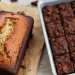 Banana bread loaf and chocolate brownies side by side