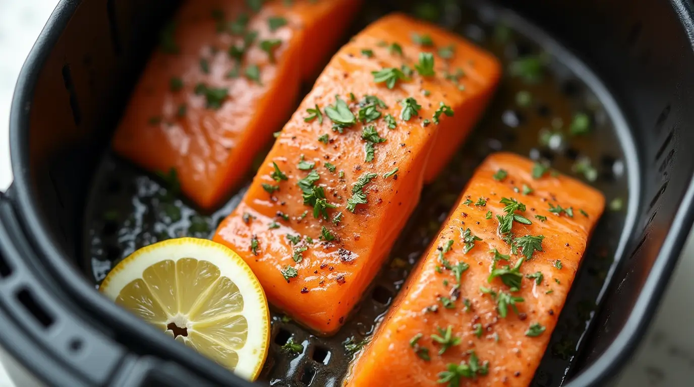 Air fryer salmon fillet with herbs and lemon.