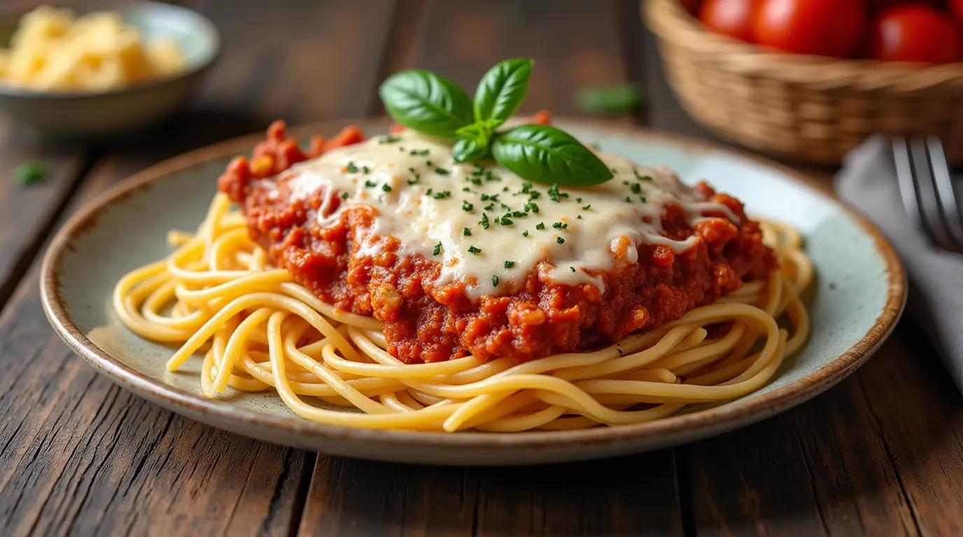 A delicious plate of chicken parmigiana with spaghetti and tomato sauce.