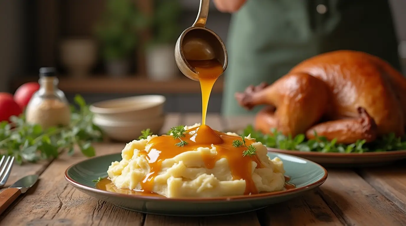 Homemade gravy in a cast-iron skillet with ingredients around.