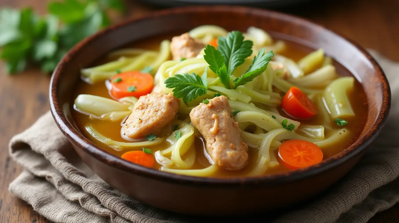 Chicken cabbage soup in a ceramic bowl with fresh vegetables on a wooden table.