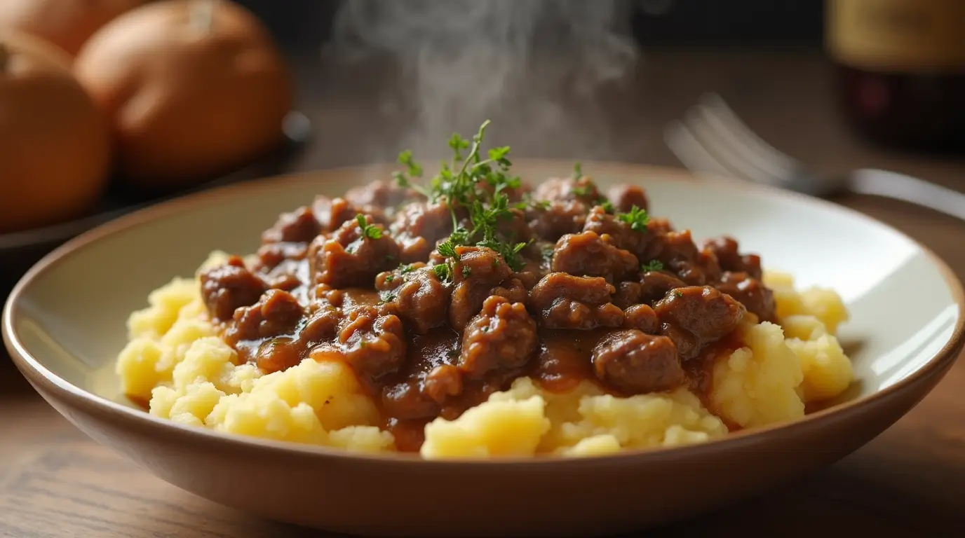 Homemade ground beef gravy served over mashed potatoes with fresh herbs.