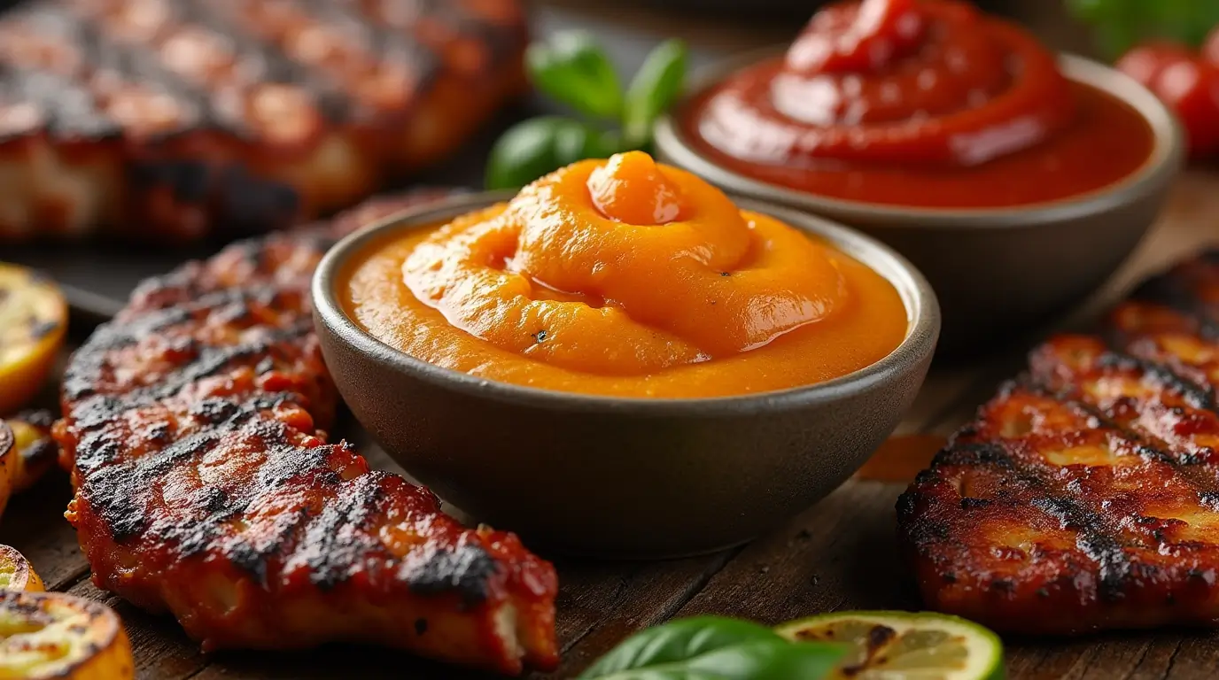 Golden BBQ sauce and honey BBQ sauce in bowls surrounded by smoked meats and vegetables.