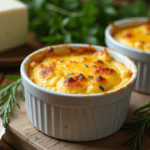 Freshly baked cottage cheese eggs in ramekins surrounded by ingredients.