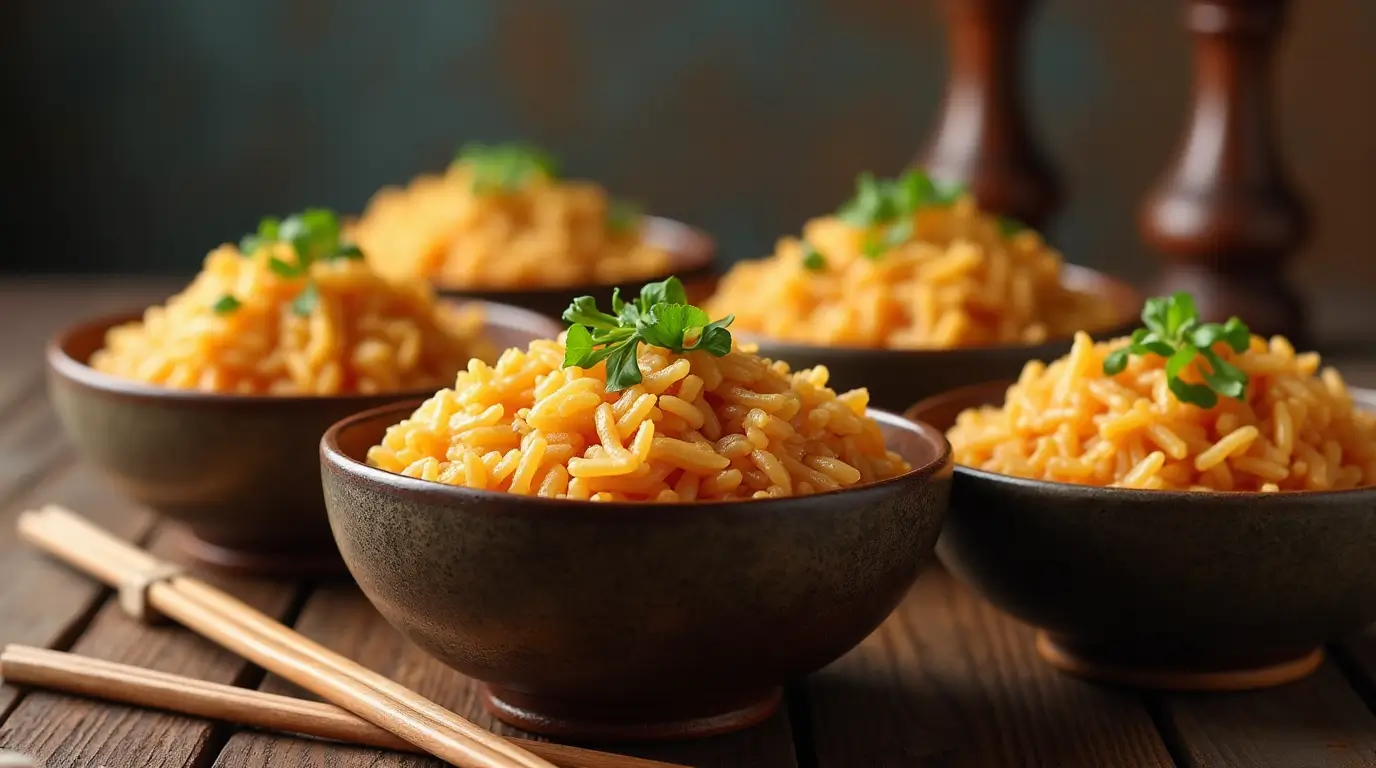 A traditional Chinese fried rice bowl with chopsticks on a wooden table.