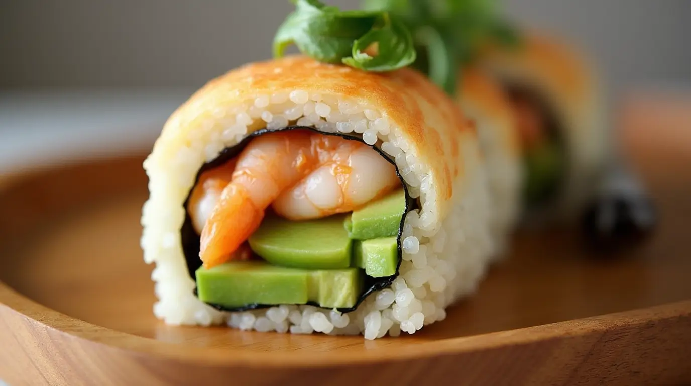 Close-up of a freshly prepared Boston Roll with avocado, shrimp, and cucumber on a wooden platter