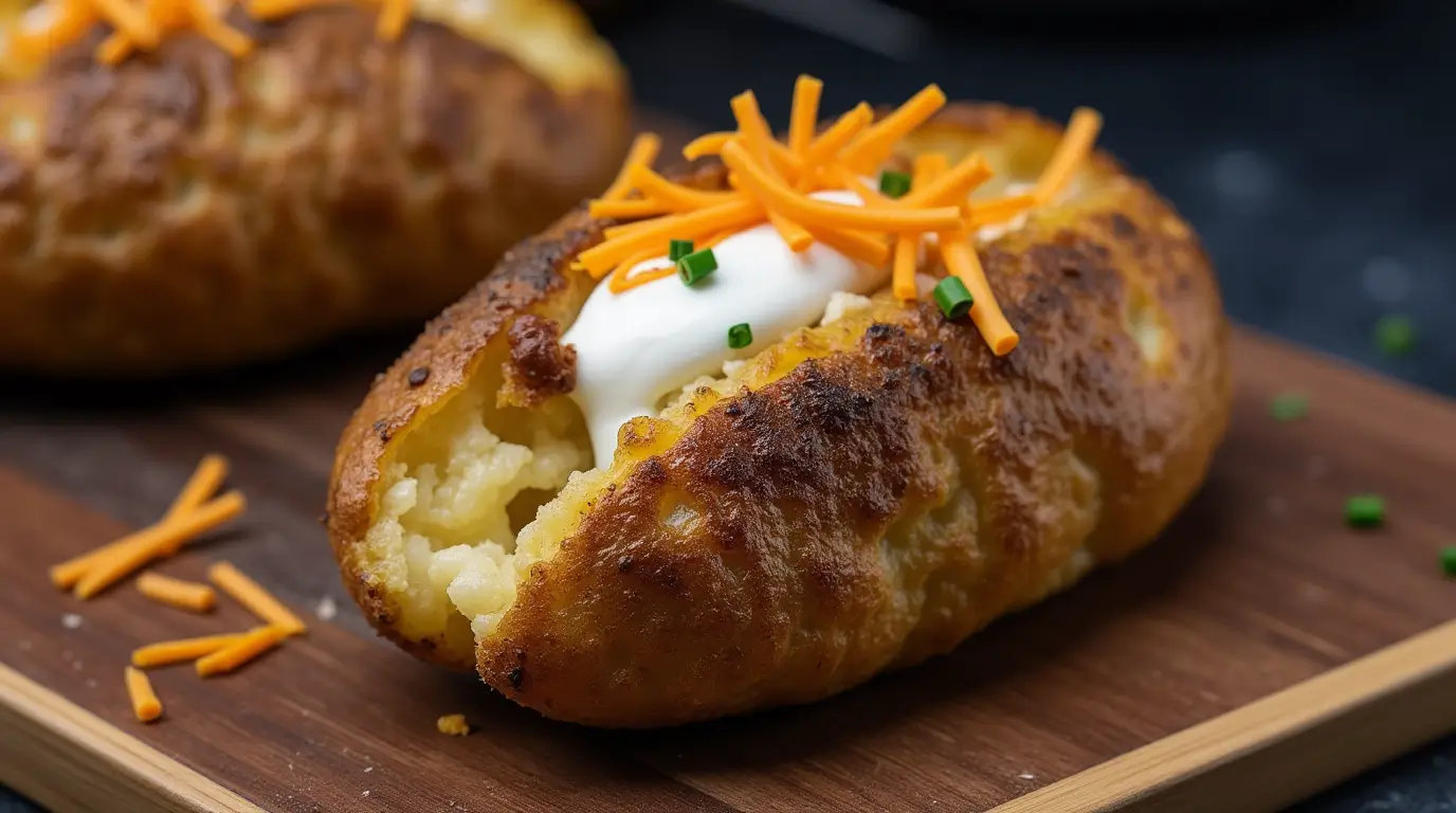 Crispy smoked baked potatoes with sour cream and chives on a wooden table.