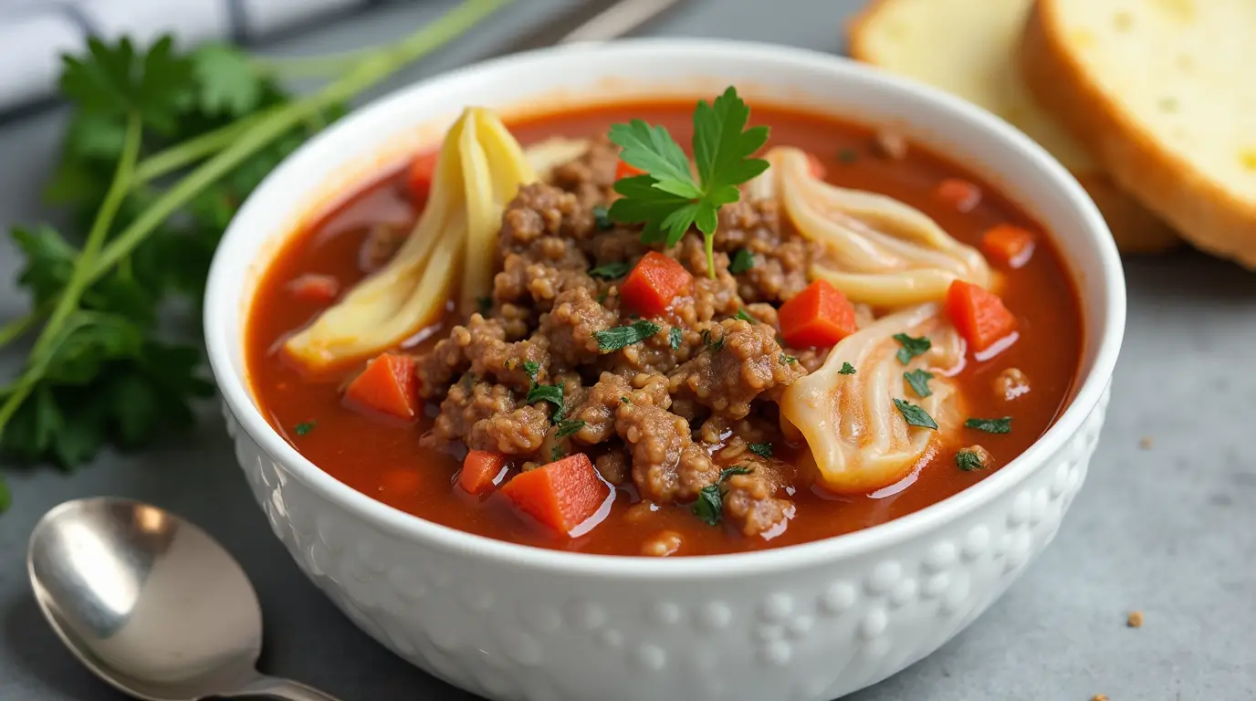 A bowl of hearty cabbage roll soup on a wooden table.