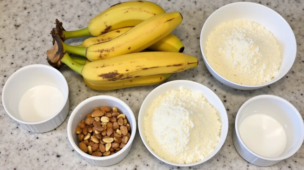Ingredients for banana nut bread with cake mix on a kitchen counter
