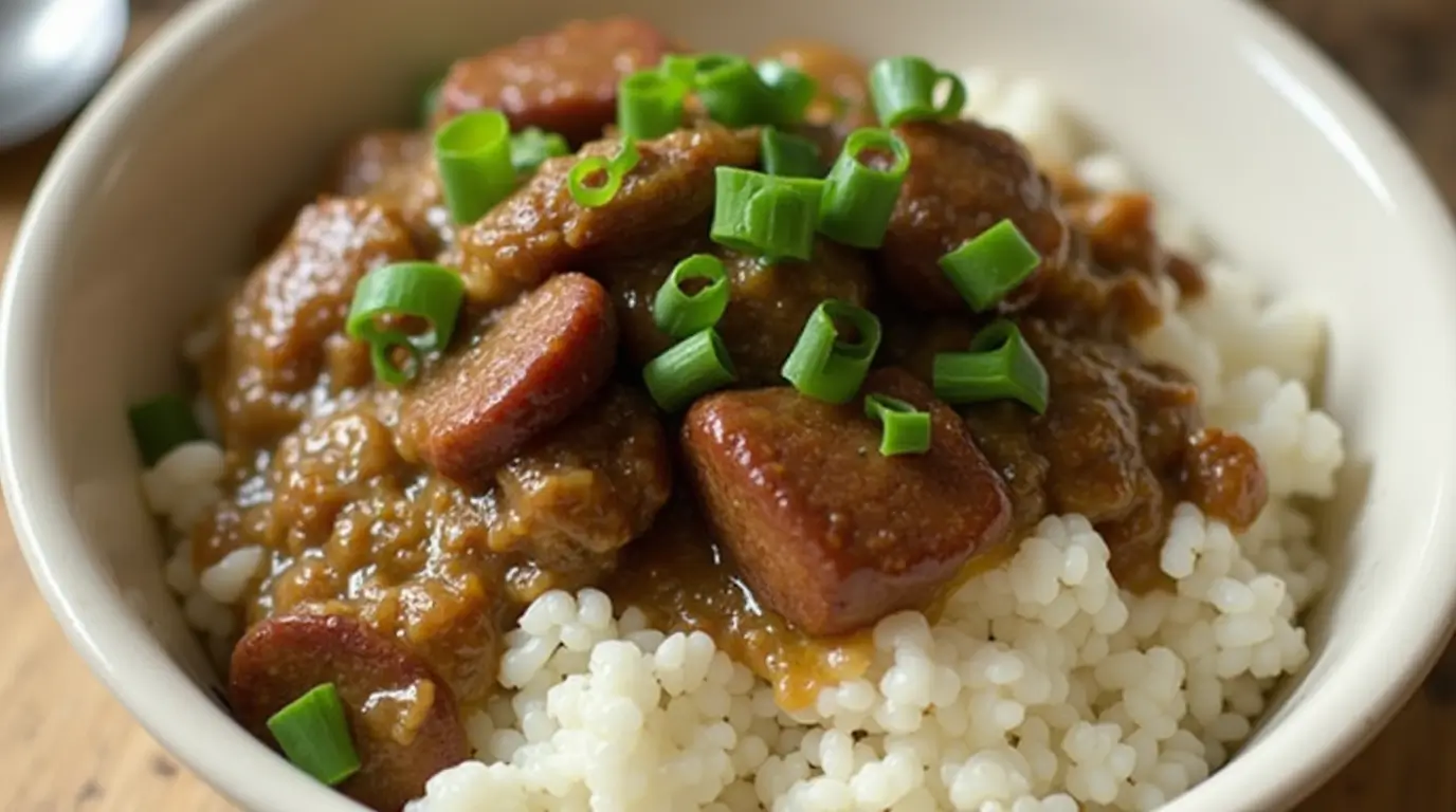 Bowl of chicken and sausage gumbo served over rice with parsley garnish.