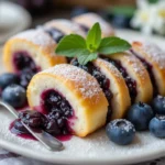 Freshly baked blueberry cheesecake rolls with creamy filling and blueberries.