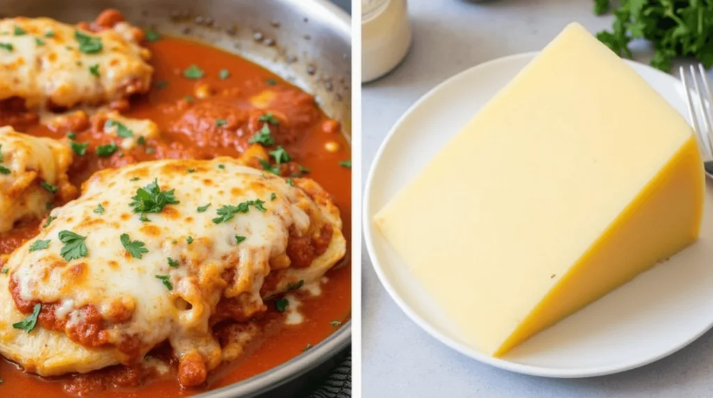 Chicken parmigiana next to a wedge of Parmesan cheese on a wooden board.