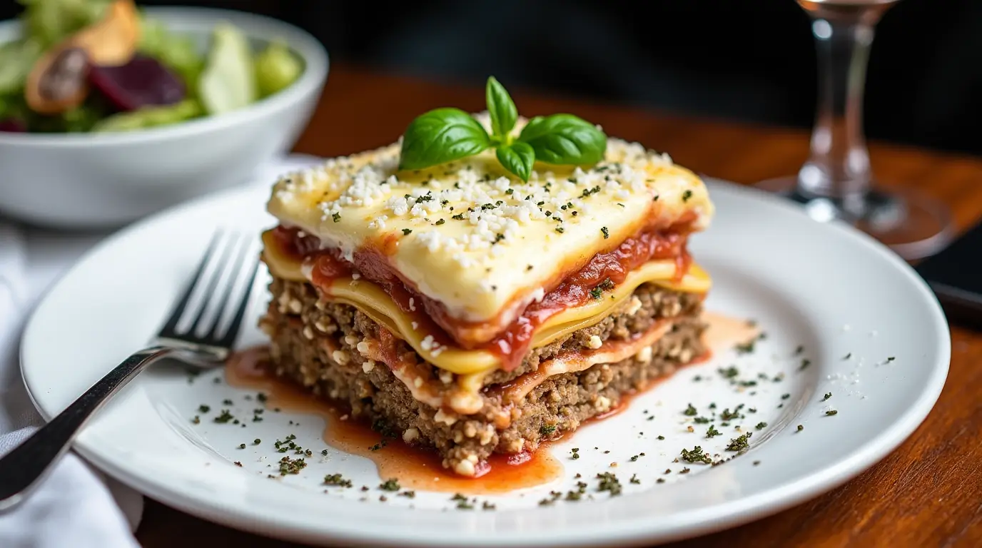 Slice of Barilla lasagna with layered noodles, sauce, and melted cheese.